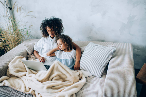 From above concentrated young ethnic mother cuddling cute little daughter and using laptop while resting together on soft sofa with blanket in light flat - Photo, Image