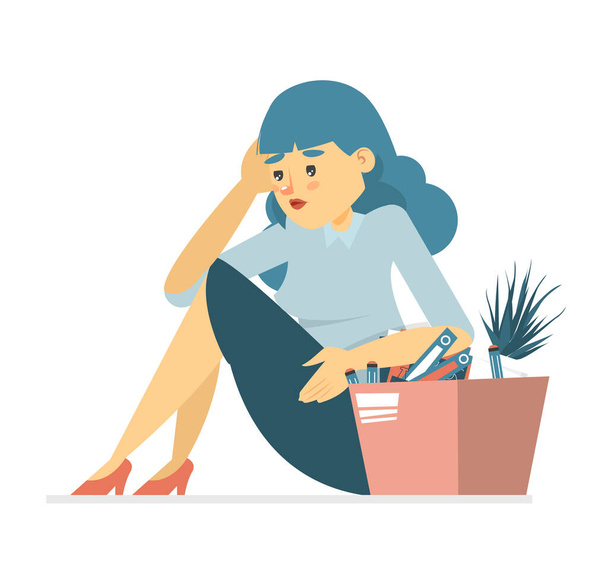Unemployment concept vector isolated. Sad unemployed woman with a box. Global crisis, dismissed employee sitting on the floor. - Vektori, kuva