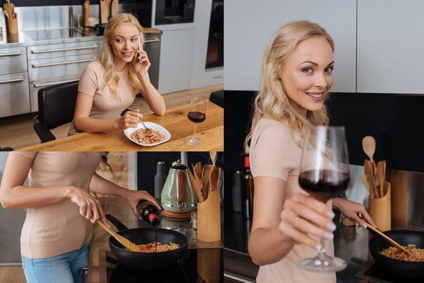 колаж щасливої домогосподарки, що готує тайську локшину, тримає келих червоного вина і сидить за столом біля приготованої їжі
 - Фото, зображення