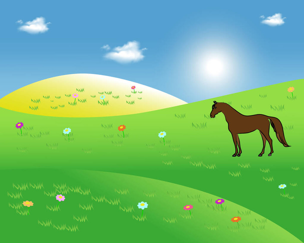 Τοπίο με άλογα και σύννεφα. Άλογο σιλουέτα σε χορτολιβαδικές εκτάσεις στο τροχαίο λόφους εικονογράφηση στο επίπεδο στυλ. - Διάνυσμα, εικόνα