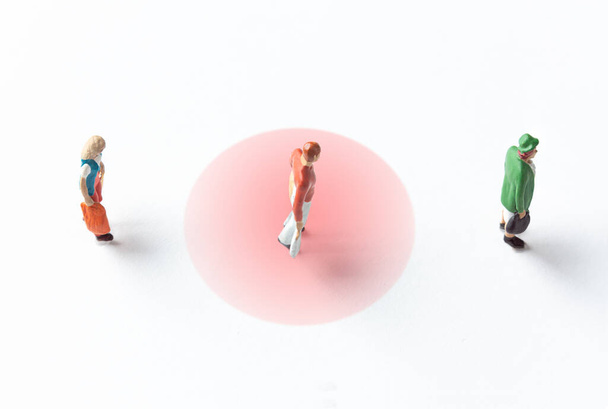 miniature people figures on white background with safety distance marked on the ground - Foto, imagen
