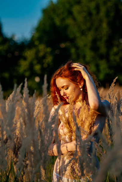 red-haired beautiful woman posing in grass at meadow   - Фото, зображення