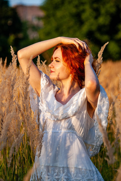 dai capelli rossi bella donna in posa in erba a prato
   - Foto, immagini