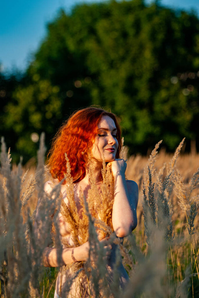 red-haired beautiful woman posing in grass at meadow   - Фото, зображення