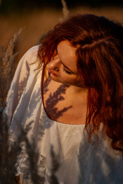 牧草地で草の中にポーズをとる赤い髪の美しい女性   - 写真・画像