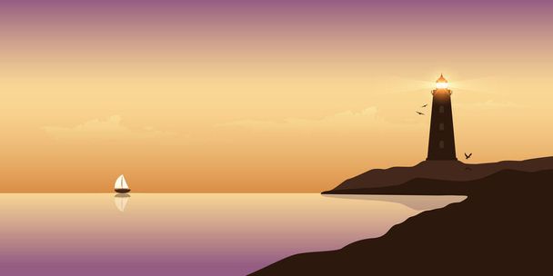 美しい夕日の海に浮かぶ帆船と灯台 - ベクター画像