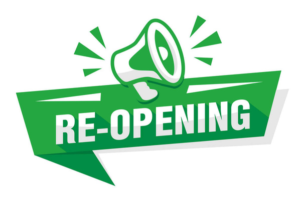Reopening business or office. Green advertising sticker with megaphone. Illustration, vector - Vector, Image
