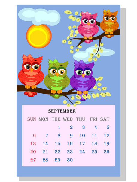 Calendar 2021. Cute calendar with funny cartoon owls, September - Vektor, obrázek