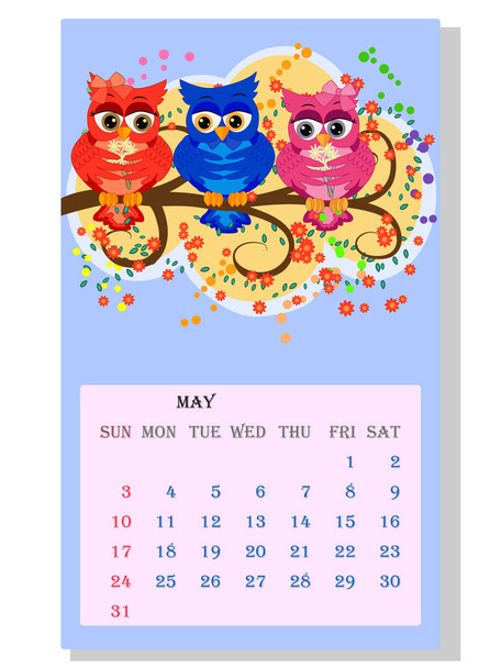 Calendar 2021. Cute calendar with funny cartoon owls, May - Vector, Image