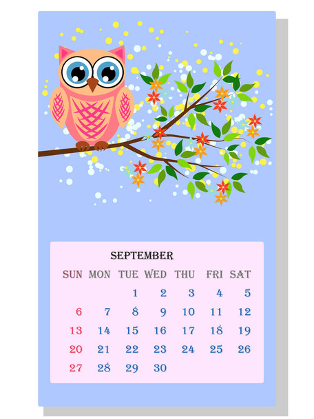 Calendar 2021. Cute calendar with funny cartoon owls, September - Vector, Image
