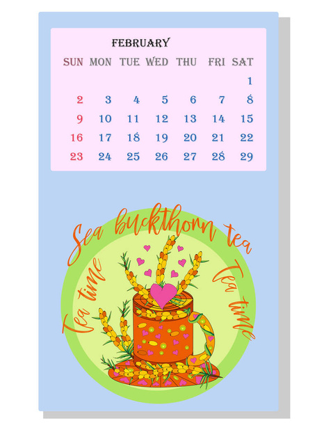Drinks calendar 2021: with seasonal dessert drawings of various tea, coffee, cocoa. Sea Buckthorn - February. Fruits, berries, cakes, tea, mulled wine. Teas with prescription ingredients. - Vecteur, image