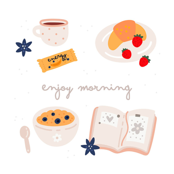 Disfruta de la mañana. Ilustración desayuno. Plato con comida, croissant, fresa, taza de café o te, diario o planificador. Paquete de encaminamiento matutino. Ilustración vectorial con alimentos aislados en blanco
 - Vector, Imagen
