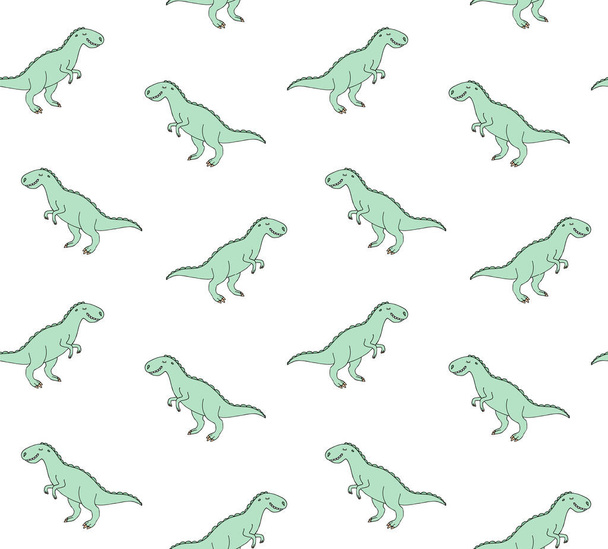 Vector seamless pattern of hand drawn doodle sketch green colored tyrannosaur rex dinosaur isolated on white background - Vector, imagen