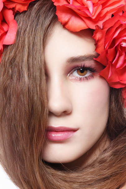 Girl in floral headband - Fotoğraf, Görsel