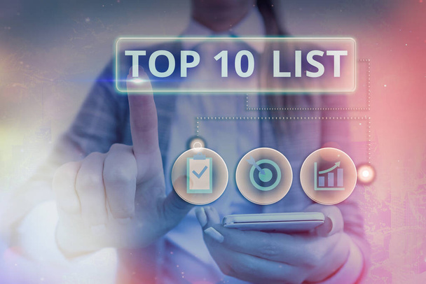 Nota de escritura que muestra la lista Top 10. Foto de negocios mostrando los diez artículos más importantes o exitosos en una lista particular
. - Foto, Imagen