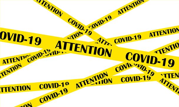 Yellow tape for quarantine zone with the words attention covid-19 - Vector, Image
