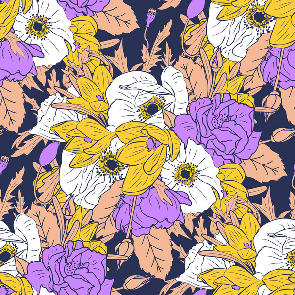 Bunte florale nahtlose Muster mit handgezeichneten Rosen-, Mohn- und Krokusblüten auf dunkelblauem Hintergrund. Illustration eines Aktienvektors. - Vektor, Bild