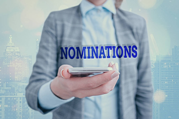 Conceptual hand writing showing Nominations. Business photo showcasing the act of officially suggesting someone for a job or position. - Photo, Image