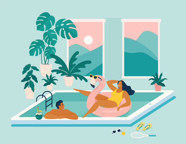 Couple spend summer vacation at swimming pool during quarantine. Stay at home during summer. Summer at home. Party on the screen of a mobile device. Summer season with woman Sunbathing enjoy concept. - Вектор, зображення