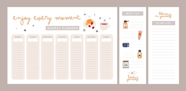 Weekly planner with motivation phrases. Enjoy every moment, love yourself, believe in yourself. Wish list, to do list. Set of stationery digital prints. Follow your dreams. Flat lay, organizer mock up - Vector, Image