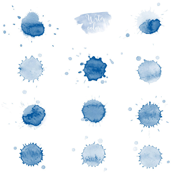 Kék splash akvarell folttisztító ecset készlet. Foltos művészi vektor használják, mint egy elem a dekoratív design háttér, prospektus, poszter, kártya, borító, banner. Elszigetelt. - Vektor, kép