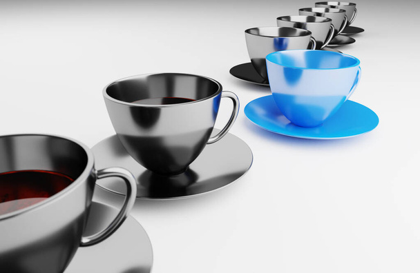 Glossy café xícara preta com copo azul em uma linha 3d renderizar fundo papel de parede
 - Foto, Imagem