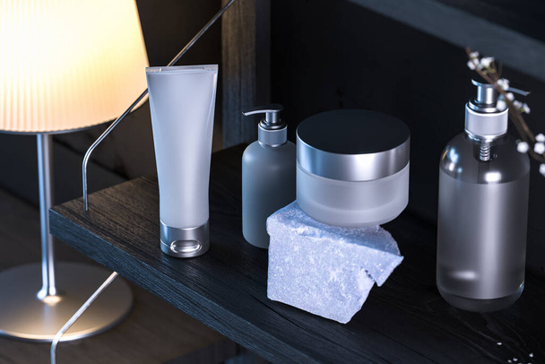 Blank Templates of Dispenser, Cream Jar, Tube, Bottle on Wooden Black Shelf at Stylish Interior. 3d rendering - Photo, Image