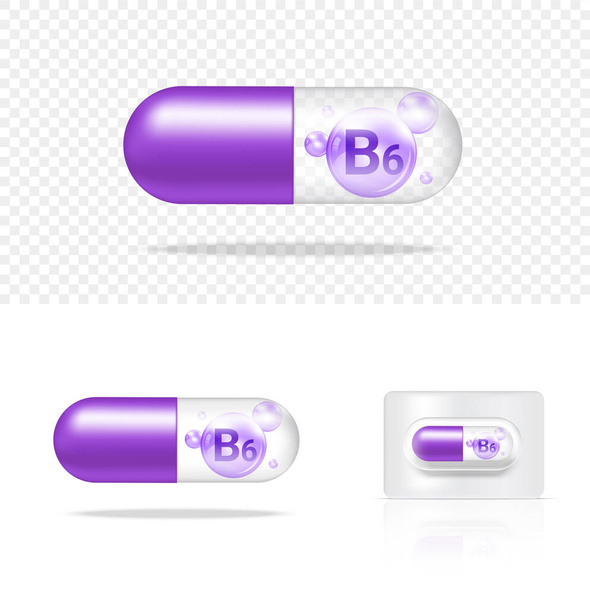 Malli realistinen läpinäkyvä pilleri B6-vitamiini kapseli paneeli valkoisella taustalla vektori kuvitus. Tabletit Lääketieteen ja terveydenhuollon käsite
. - Vektori, kuva