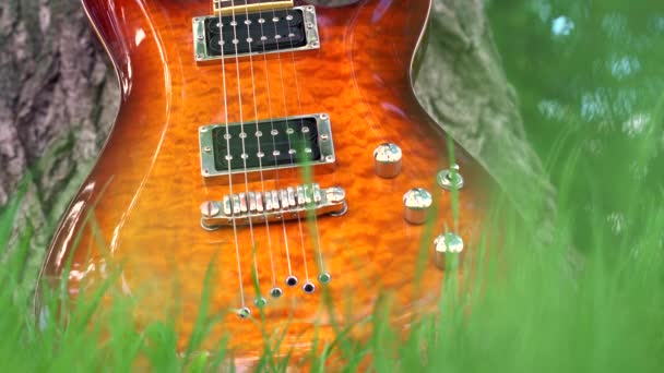 Złoty bursztynowy sunburst gitara elektryczna pod drzewem na trawie. Zbliżenie instrumentu muzycznego z przestrzenią do kopiowania - Materiał filmowy, wideo