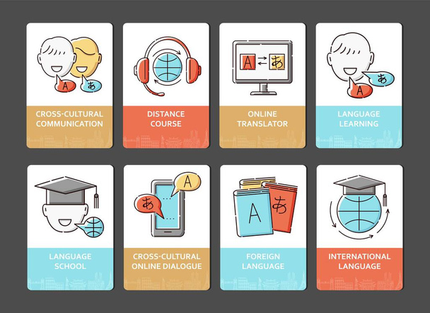 Sprachschule Icon Card Set - globale Web-Bildung und Online-Lernservice Anzeigenelemente - Vektor, Bild