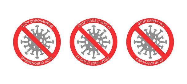 κόκκινα σημεία stop και βακτήρια με stop virus covid-19 γράμματα σε λευκό φόντο - Διάνυσμα, εικόνα