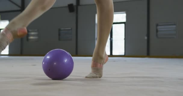 Boční pohled zblízka soustředěný dospívající běloška gymnastka vystupující ve sportovní hale, cvičení s fialovou koulí, chůze s míčem mezi nohama, skákání míč, na sobě fialový a bílý trikot ve zpomaleném filmu. - Záběry, video