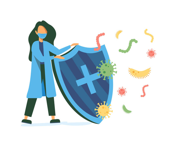 Immune system vector icon logo. Health bacteria virus protection. Medical prevention human germ. Healthy woman reflect - Vector, Image