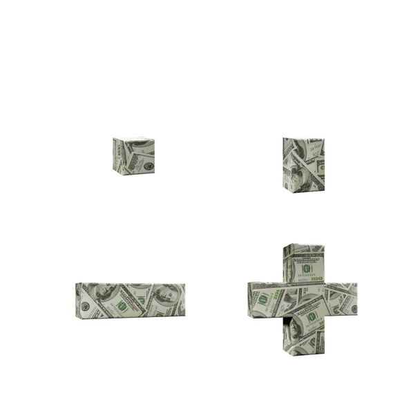 3D-weergave van alfabet omwikkeld met bankbiljetten van 100 USD: periode, coma, minus en plus tekens op witte achtergrond - Foto, afbeelding
