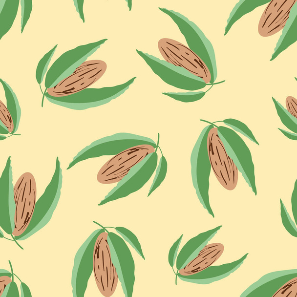 Mandel Vektor nahtlose Muster Hintergrund. Trauben von verschiedenen braunen ovalen Nüssen mit Blättern auf gelbem Hintergrund. Körnerkernschalen für Ernährung, Ernährung, Lebensmittel, Verpackungskonzept für Gesundheit - Vektor, Bild