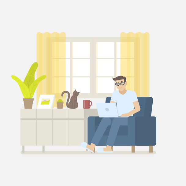 Hombre joven en ropa casual que trabaja en casa con computadora portátil en un sillón en el interior de una sala de estar con ventana, cortina, gabinete, marco de la imagen, planta, taza de café y gato en estilo plano de dibujos animados
 - Vector, Imagen