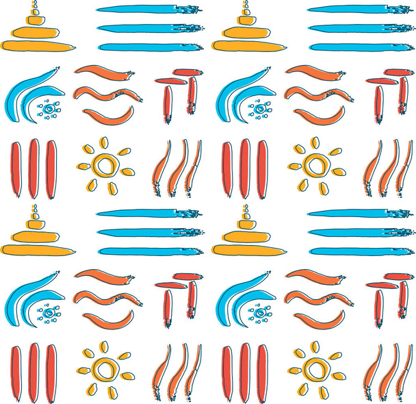 太陽、石、筆致と波、単純なベクトルパターンを持つ夏の背景デザイン - ベクター画像