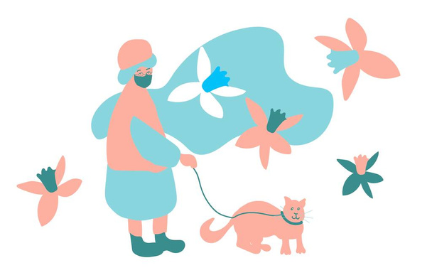 Una anciana camina con un gato sobre un fondo blanco.Spring Ilustración con un pueblo y un animal en estilo plano en tonos fríos de azul y rosa. Diseño de banners, carteles, web, redes sociales
. - Vector, imagen