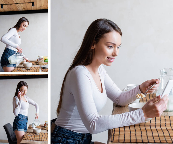 collage of happy girl talking on smartphones, pouring milk in bowls and holding spoon with corn flakes  - Photo, Image