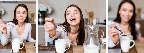 collage of happy girl holding spoons with tasty corn flakes near cups and bowls  - Foto, afbeelding