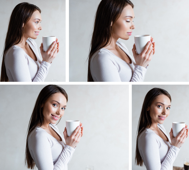 collage of cheerful woman holding cups and smiling at home  - Foto, afbeelding