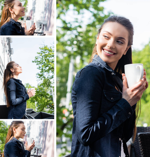 kolaż wesołej młodej kobiety trzymającej filiżanki kawy na zewnątrz  - Zdjęcie, obraz
