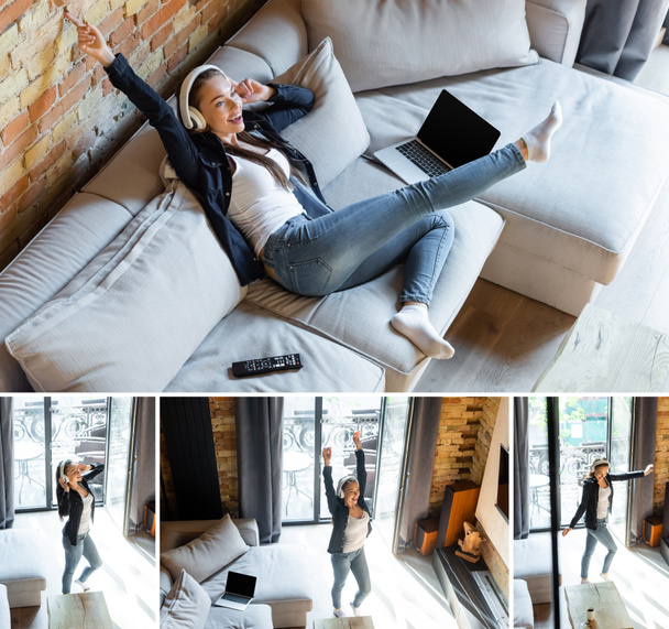 Collage eines glücklichen Mädchens in drahtlosen Kopfhörern, das auf einem Sofa neben Laptops mit leerem Bildschirm tanzt und chillt  - Foto, Bild