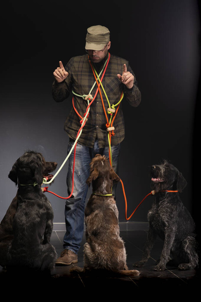 German wirehaired pointer and his trainer in studio on a black background - Photo, Image