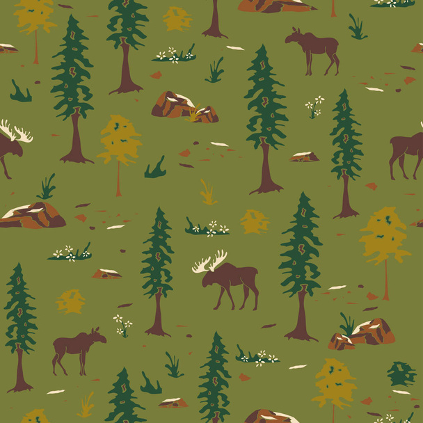 Yeşil arka planda ormandaki geyik silueti ile kusursuz vektör deseni. Güzel Kanada manzara ormanı. - Vektör, Görsel