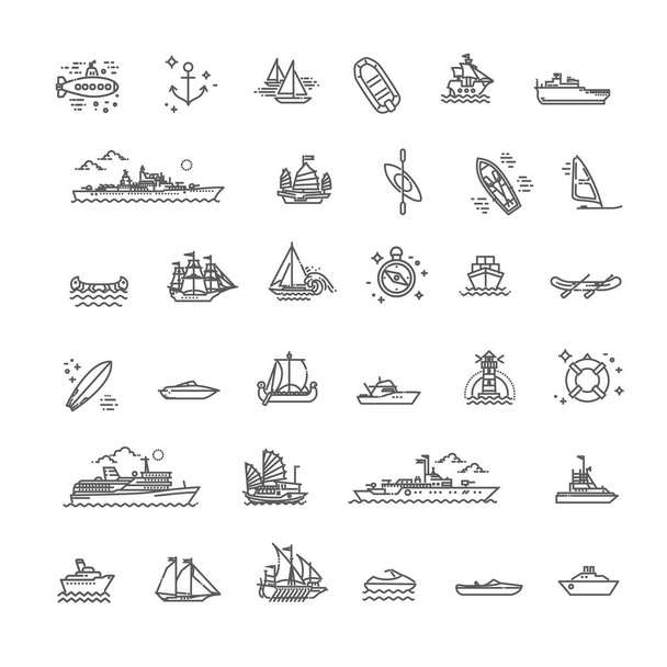 Statki - zestaw nowoczesnych ikon i piktogramów o prostej linii wektorowej - Wektor, obraz