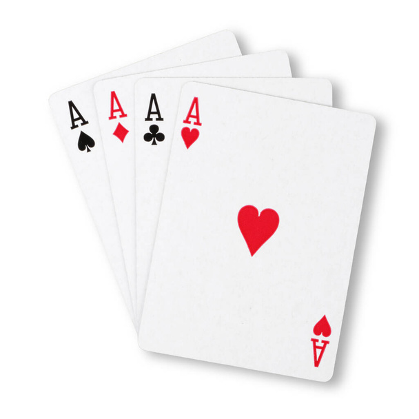 Four Aces op wit winnende hand business concept - Foto, afbeelding