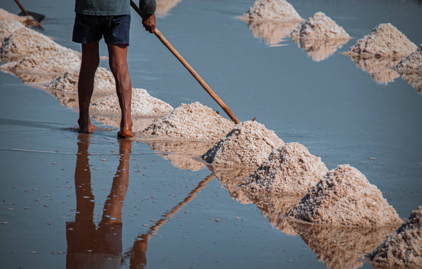 Foto cinematográfica de la cosecha tradicional de sal en la provincia de Kampot en Camboya que muestra la cultura local, los medios de vida y la vida real del pueblo jemer.
 - Foto, Imagen