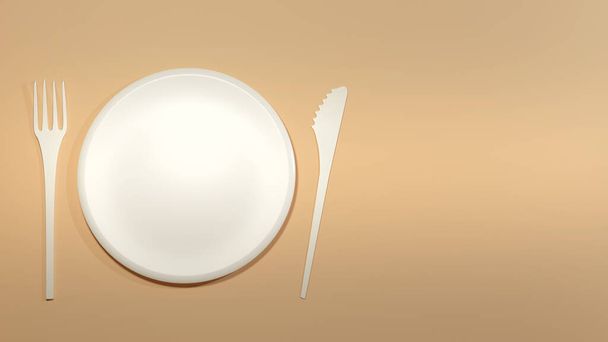Vacsora Meghívó Háttér asztal készlet / étterem háttér asztalterű egy üres fehér tányér, kés és villa ételeket - Fotó, kép