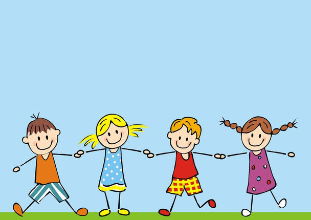 Glückliche kleine Kinder auf blauem Hintergrund, konzeptionelle Vektorillustration - Vektor, Bild
